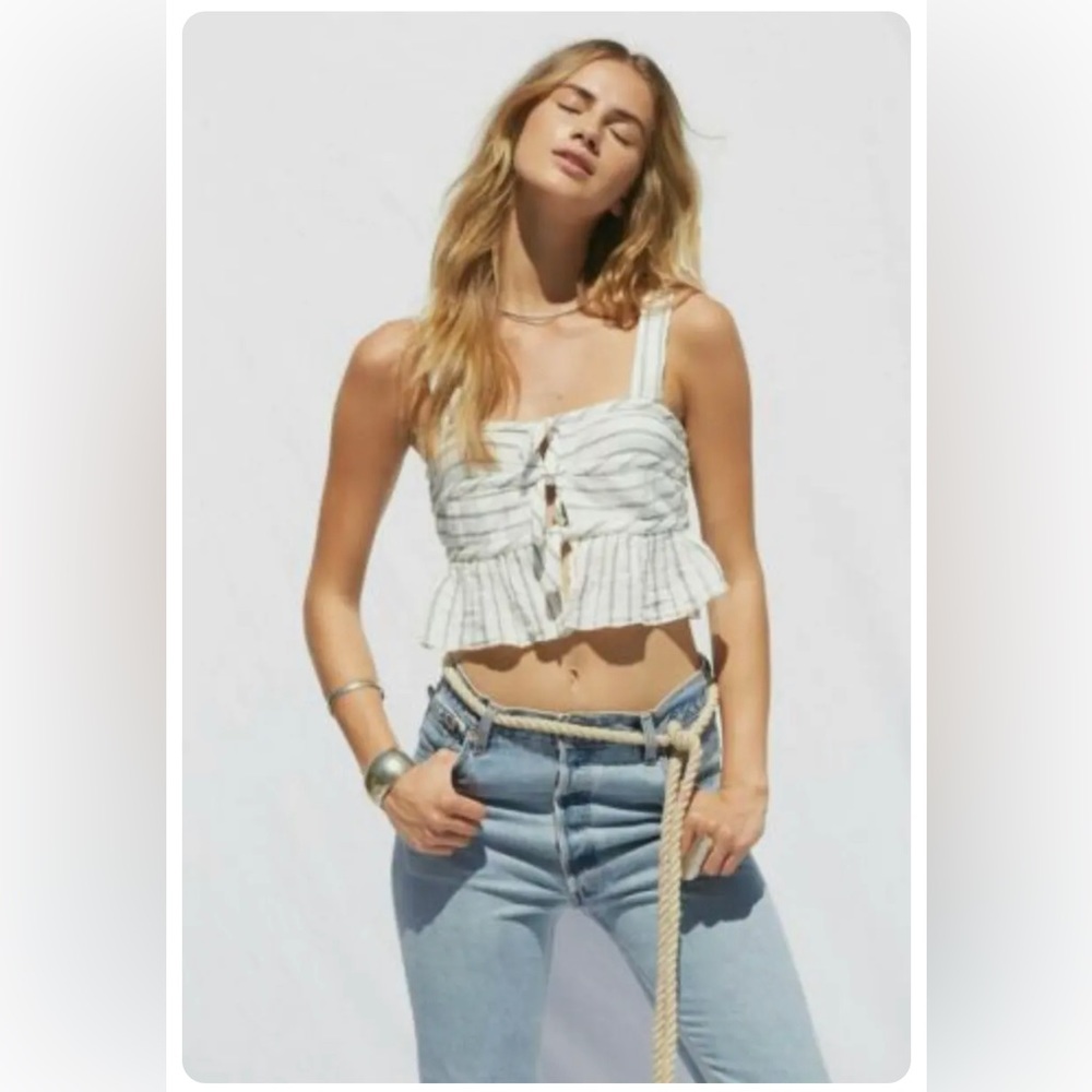 Jen’s Pirate Booty Aida White and Gray Striped Peplum Crop Top - Size XS